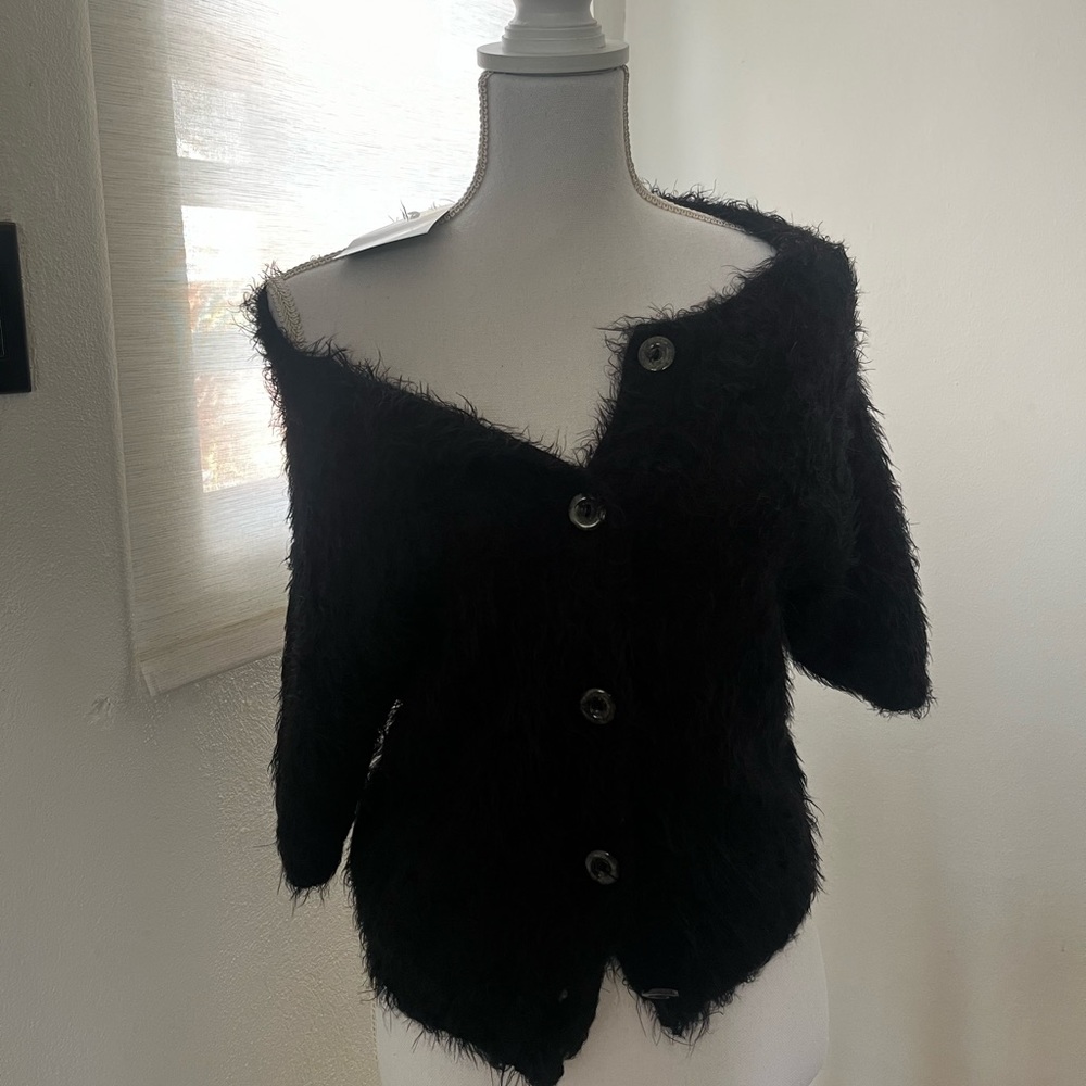 Faux fur black blouse with buttons (L)